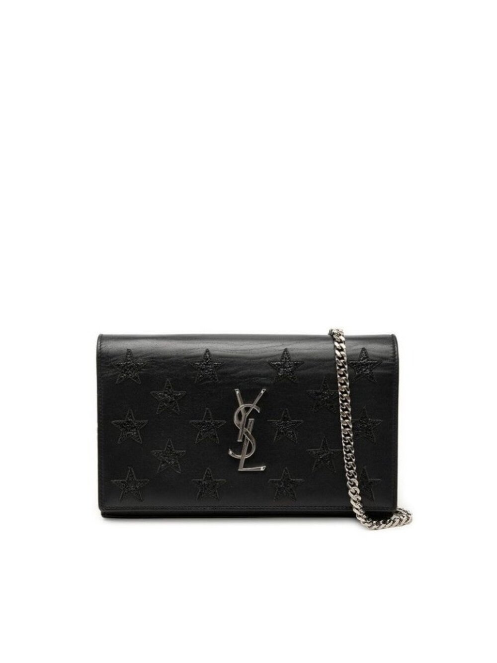 Saint Laurent Star YSL Logo Chain Shoulder Bag Wallet Black Leather